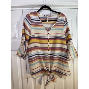 Vanilla Bay V-Neck Button Front Tie Knot Top‎  Stripes Navy Tans Reds